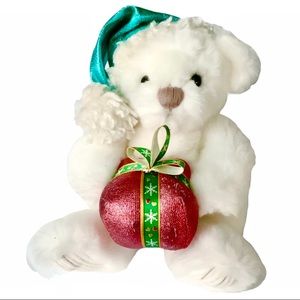🆕 1st & Main White Plush Teddybear w/Metallic Santa Hat & Present NWT